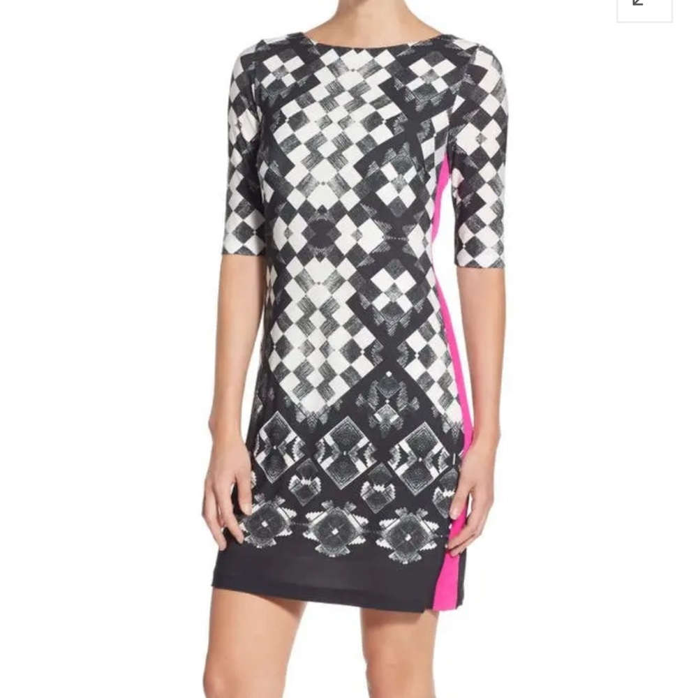 Eliza J Black and White Sheath Dress with Bateau Neckline